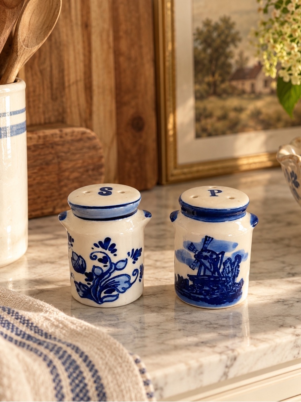 Vintage Blue & White Ceramic Salt and Pepper Shaker Set